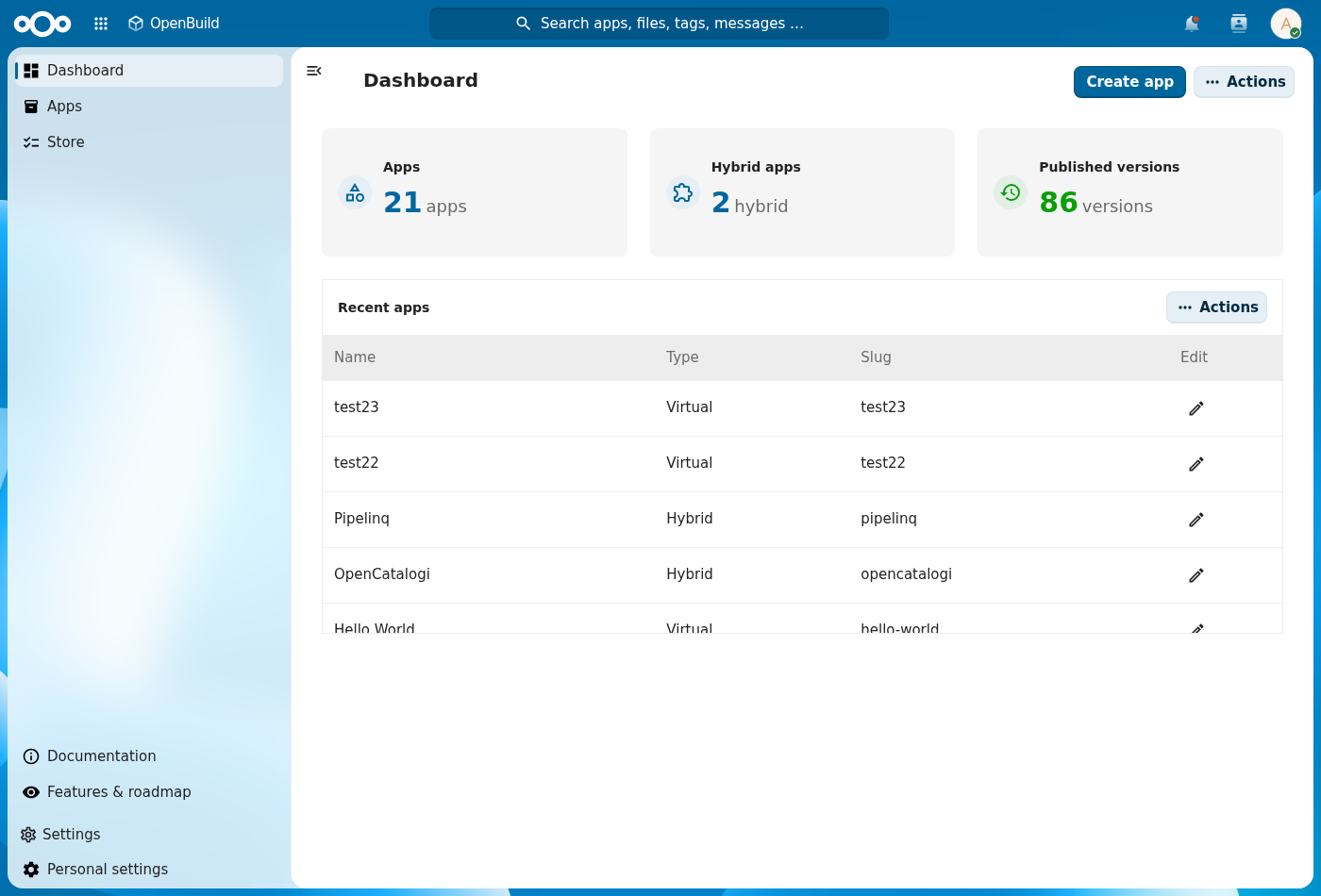 OpenBuild dashboard