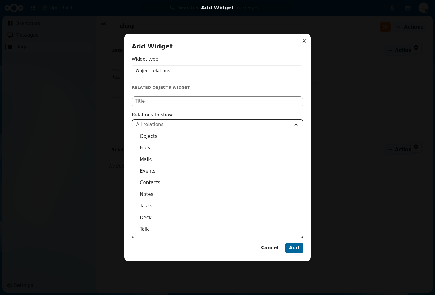 Object relations configuration — pick which relation groups to show