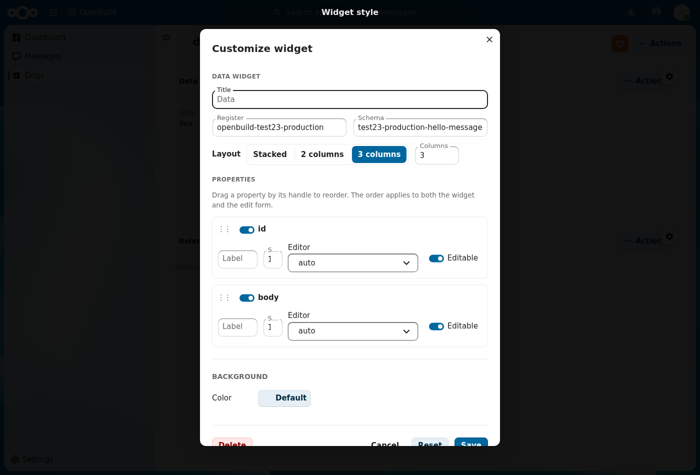 Per-property configuration of the Data widget