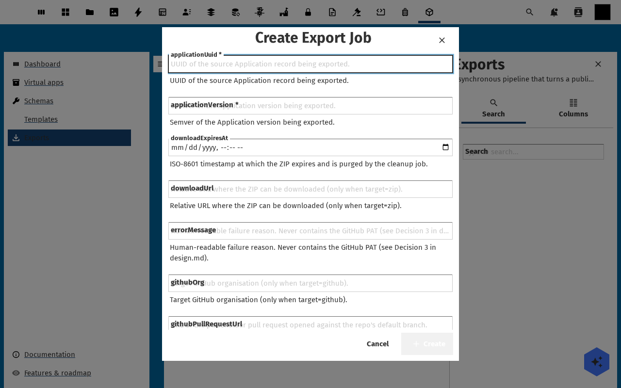Export application dialog