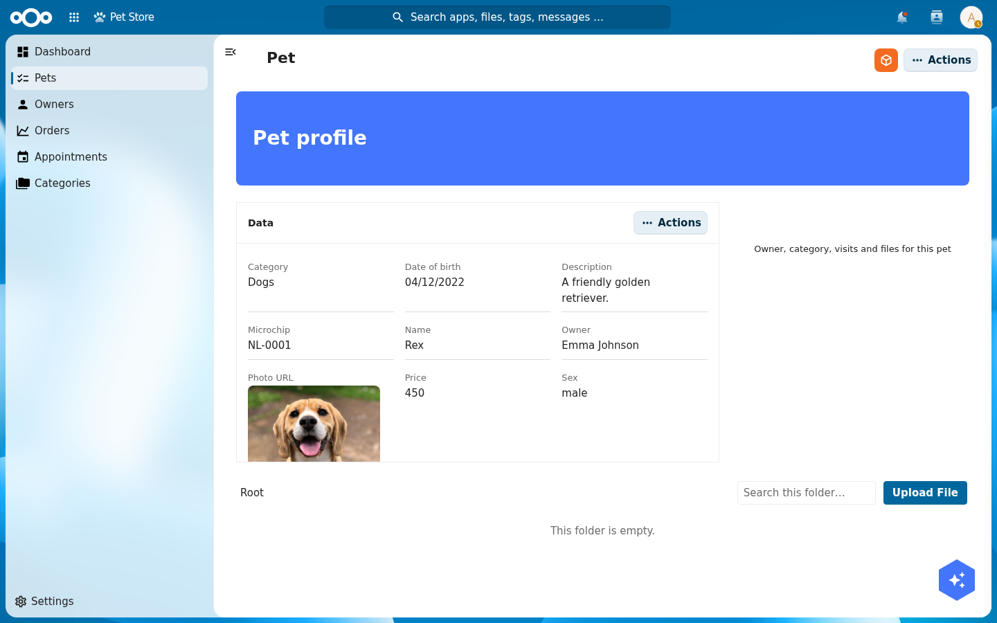 A pet detail page with a header banner, an Object data grid, and Files and Object relations widgets