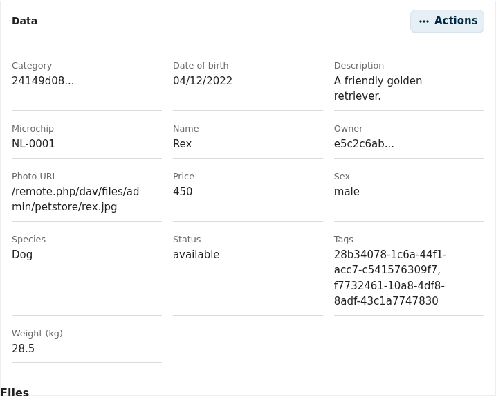 The Object data widget rendered on a detail page, showing the object's fields as a data grid